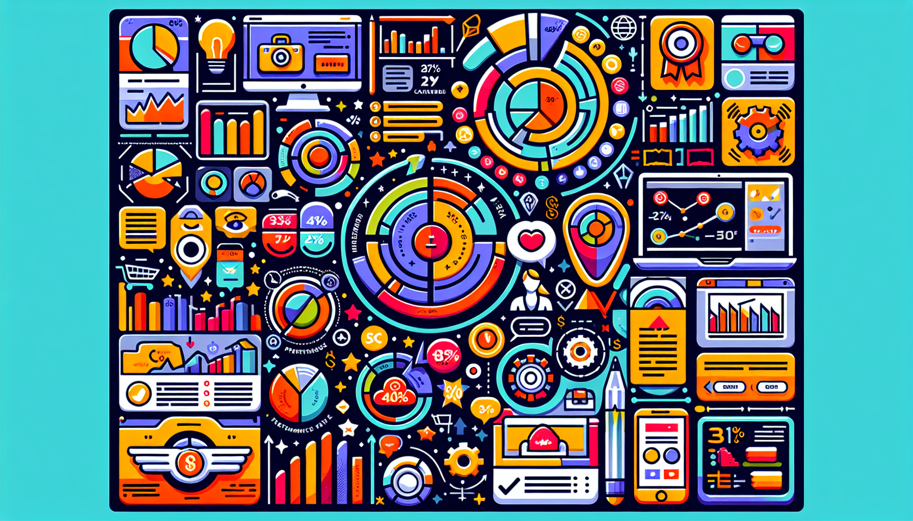 Create a visually engaging infographic that illustrates various tools and metrics Etsy sellers can use to measure the effectiveness of their marketing strategies. Include icons representing analytics software, customer feedback forms, and performance charts, set against a backdrop of an Etsy shop interface. Highlight elements such as sales tracking graphs, engagement statistics, and customer review ratings, with a color scheme that reflects the vibrant and creative nature of the Etsy marketplace.
