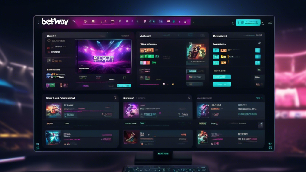Create an image of a modern desktop computer screen displaying the Betway Esport betting platform. The screen shows a user-friendly interface with various e-sports games listed, such as League of Legends, Dota 2, and Counter-Strike. Include graphical elements that represent account creation, secure payment options, and digital safety measures, such as a lock icon. The background should feature a gamer enthusiastively watching a live e-sports match, with gaming paraphernalia and a lively atmosphere. Capture the essence of online betting in a vibrant, dynamic way.
