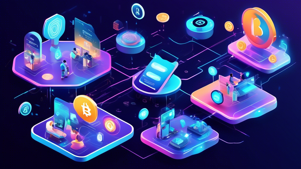 Create an image that depicts a futuristic digital marketplace bustling with activity, where various holographic icons represent different cryptocurrency platforms. Each platform is highlighted with visual elements like glowing stars or thumbs-up signs to convey cost-effectiveness and user-friendly features. Include digital representations of security shields, speedometers, and customer service chatbot symbols to emphasize security, transaction speed, and support. The background should feature dynamic bar graphs and currency symbols, illustrating market fluctuations and potential strategies for maximizing savings in crypto-to-cash conversions. The atmosphere is vibrant and tech-savvy, capturing the innovative world of cryptocurrency.