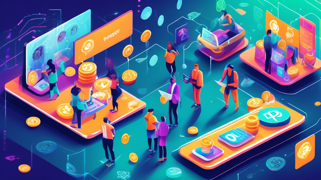 Create an image depicting a digital marketplace bustling with activity, where individuals are engaging in peer-to-peer (P2P) exchanges of cryptocurrency for cash. The scene is filled with vibrant, animated graphics illustrating various strategies to reduce conversion costs, such as illustrated coins and cash notes symbolically moving through paths marked lowest fees and smart strategies. The marketplace is designed with futuristic elements, including digital screens and holographic interfaces displaying tips and caution signs to avoid pitfalls, embodying a sense of community and resourcefulness for both beginners and experienced traders. The atmosphere conveys a sense of innovation and financial savvy in the realm of cryptocurrency exchanges.