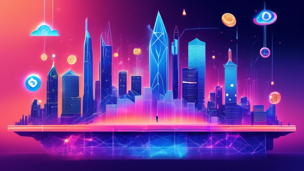 Create an image illustrating the future of finance through Luno Crypto: A visually dynamic scene featuring a futuristic city skyline with digital elements symbolizing cryptocurrency. Highlight the global accessibility and low transaction fees by showing diverse people from different cultures accessing crypto on mobile devices, enveloped in a network of glowing blockchain patterns. Include elements of education, such as holographic tutorials projected in the midst of bustling city life, emphasizing the potential and positive economic impacts of Luno Crypto on the global financial landscape.