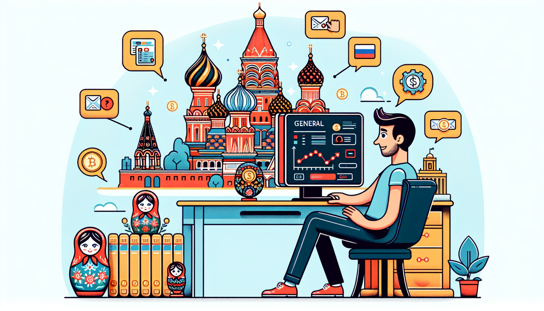 Create an image that depicts a Russian crypto trader interacting with the Gemini crypto exchange platform. The setting should highlight both the advantages and disadvantages faced by Russian users. On one side of the image, show a seamless, user-friendly interface with smooth payment transactions, highlighting the supported payment methods and efficient customer support. On the other side, depict potential challenges such as language barriers or localized trading restrictions. Include elements that reflect Russian culture, like the architecture of Moscow or a matryoshka doll next to the trader