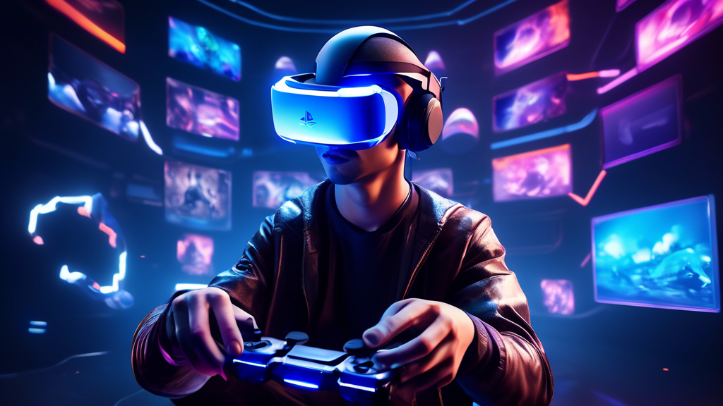 Prompt: Create an image depicting a futuristic gamer immersed in a highly realistic virtual reality world using the Sony PlayStation VR V2. Showcase the enhanced visuals with vibrant, crystal-clear graphics and detailed textures that envelop the player. Include visual elements that highlight the superior ergonomic sound features, such as ambient sound waves and perfectly integrated headphones, creating an immersive audio experience. Emphasize the sense of being transported to an alternate reality, reflecting the advanced technical upgrades of the VR system aimed at avid gamers and VR enthusiasts.