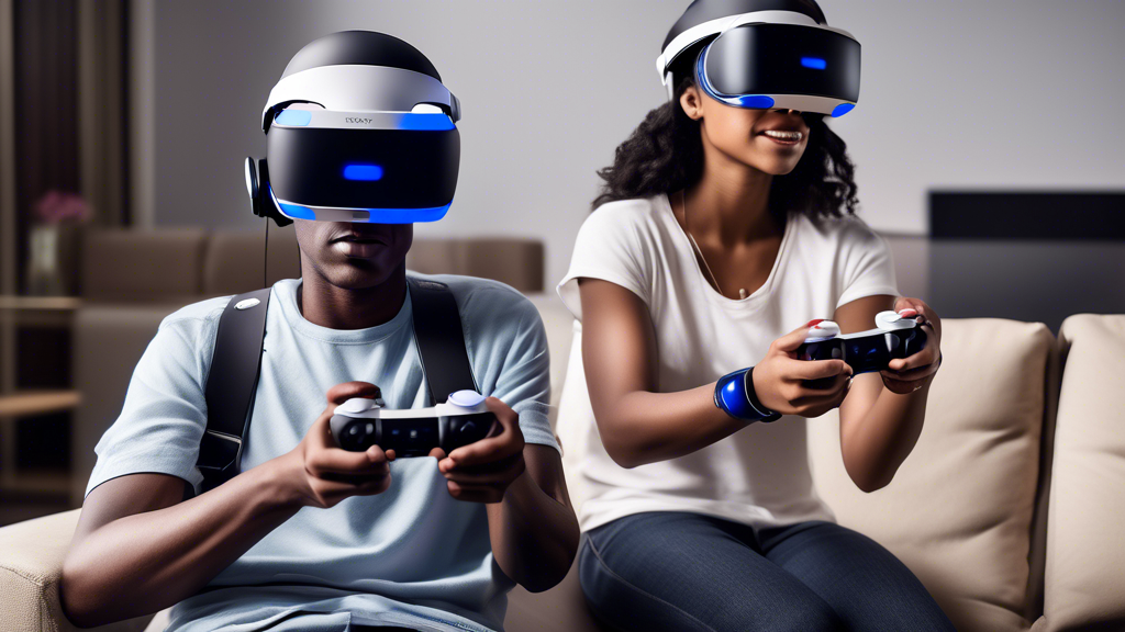 Create an image showcasing the Sony PlayStation VR V2 headset being worn by diverse individuals in a living room setting. Highlight the adjusted straps and ergonomic design, emphasizing comfort during extended play sessions. Include visual cues of easy accessibility, such as intuitive controls and a user-friendly interface. The setting should reflect a comfortable and inviting environment, with individuals clearly enjoying a seamless virtual reality experience thanks to the thoughtful design improvements of the VR headset.