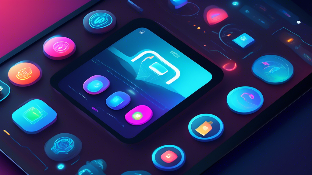 Create an image of a futuristic, sleek iPad interface with various icons symbolizing security features, such as a shield, lock, and fingerprint. The iPad screen should display a vibrant array of VPN app options with engaging, colorful designs. Include visual elements representing ease of use like a simple toggle switch, high-speed internet shown as a rocket or lightning bolt, and global connectivity with a digital map showcasing an extensive server network. Subtle annotations highlight key features such as No-logs Policy and Strong Encryption Protocols in an elegant, modern font. The background should subtly convey a sense of digital security and cutting-edge technology, making it visually appealing and informative for users evaluating the best VPN app for their iPad.