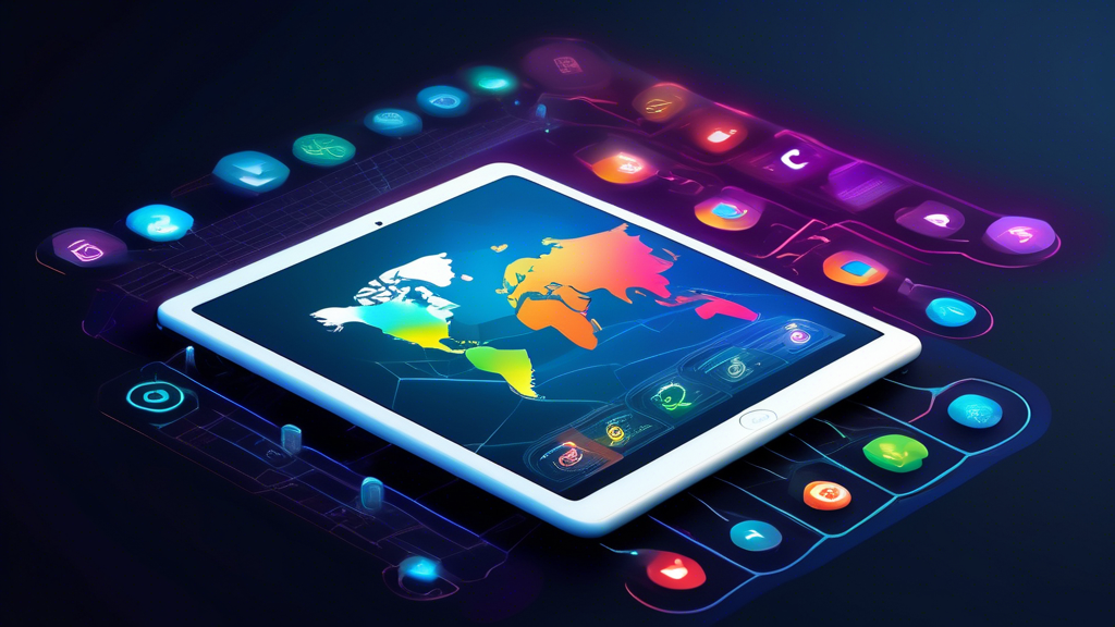 Create an image showcasing a modern, technologically sleek iPad screen displaying a vibrant comparison chart of top VPN apps. The apps are depicted with dynamic icons symbolizing strength, privacy, and security, each accompanied by key features represented through intuitive graphics like a lock for encryption and a globe for an extensive server network. The background is a digital abstract of a secure connection, with glowing lines connecting the iPad to symbols of privacy, user feedback, and performance, highlighting the seamless integration of these apps to enhance iPad security.