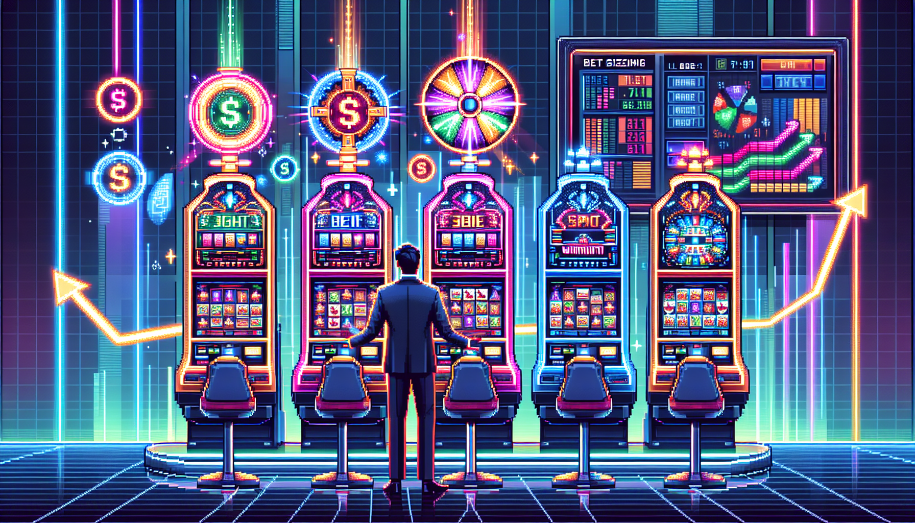 Create an image that captures the excitement of Colo Slots: Mastering Winning Strategies. The scene depicts a vibrant casino environment with dazzling colo slot machines, each one adorned with colorful lights and futuristic designs. In the foreground, an enthusiastic player is engaged in action, demonstrating expert techniques like precise bet sizing and attentive bankroll management. The slot machine