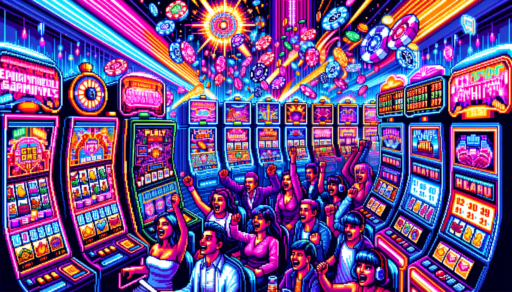 Create an image that captures the thrilling experience of playing colo slots. The image should feature a vibrant and dynamic casino environment with colorful slot machines that display eye-catching visuals and dynamic sound effects. Illustrate the psychological appeal by showing players with excited expressions, immersed in the game. Highlight intricate game mechanics and themes that keep players engaged. Use a mix of vivid colors, motion blurs, and glowing elements to convey the excitement and energy of the scene, while subtly incorporating messages or symbols that remind players to enjoy gaming responsibly.