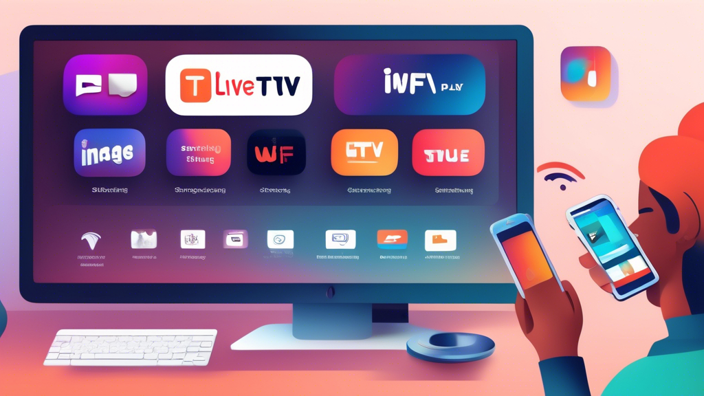 Create an image showing a user-friendly step-by-step guide for setting up free live TV streaming. The image should be divided into sections, each illustrating a different step of the process. Include visual elements like a Smart TV, a laptop, and a smartphone displaying streaming interfaces. Add icons for Wi-Fi connectivity, settings adjustment, and play buttons to highlight key actions. The overall feel should be modern and accessible, emphasizing ease of use for a seamless streaming experience.