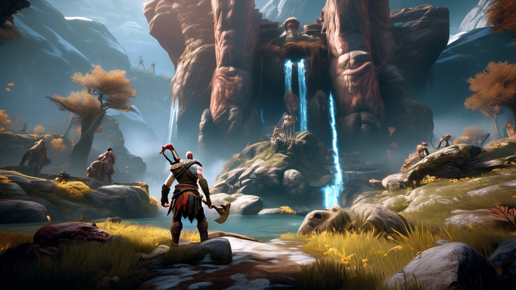 Create an epic video game scene showcasing immersive gameplay elements from God of War on PlayStation 4. Feature Kratos and Atreus in a breathtaking, lush open-world environment filled with mythical creatures and stunning landscapes. Highlight advanced graphics that showcase detailed character design, dynamic lighting, and dramatic sound elements, emphasizing the innovative gameplay mechanics. Include visual cues that demonstrate player engagement through exploration, intense battles, and puzzle-solving moments, all while maintaining a cinematic atmosphere reminiscent of high-quality video game experiences.