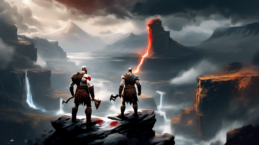 Create an image depicting a dramatic scene from God of War on PlayStation 4, focusing on the deep emotional connection between Kratos and Atreus. Visualize them standing on a rugged cliff overlooking a breathtaking Norse landscape, with dark clouds gathering in the sky. Emphasize the tension and bond between the father and son as they prepare for their adventurous journey. Incorporate elements of mythology and symbolism, such as ancient runes or creatures in the background, that reflect the narrative depth and character development of the game.