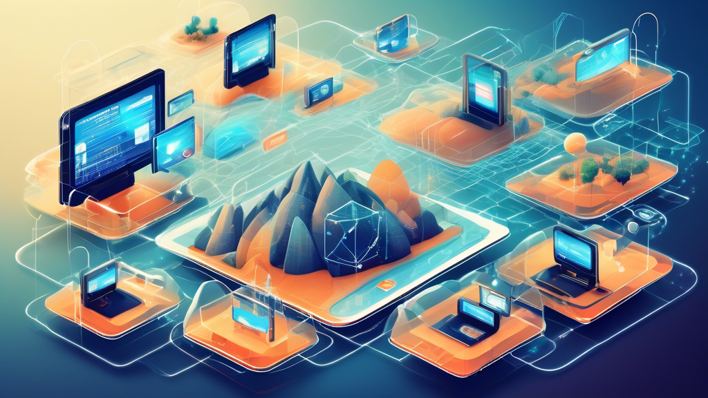 Create an illustration showing a modern, digitally-conceptualized landscape with several floating, futuristic screens displaying popular sites that unblock everything. Each screen should highlight features like ease of use, reliability, speed, and compatibility, with icons or graphics representing these aspects. The background should reflect a sense of seamless connectivity, like a network of glowing lines or tech-inspired patterns, emphasizing the theme of unrestricted internet browsing. Ensure that the image communicates a sense of empowerment and freedom to navigate online content without barriers.