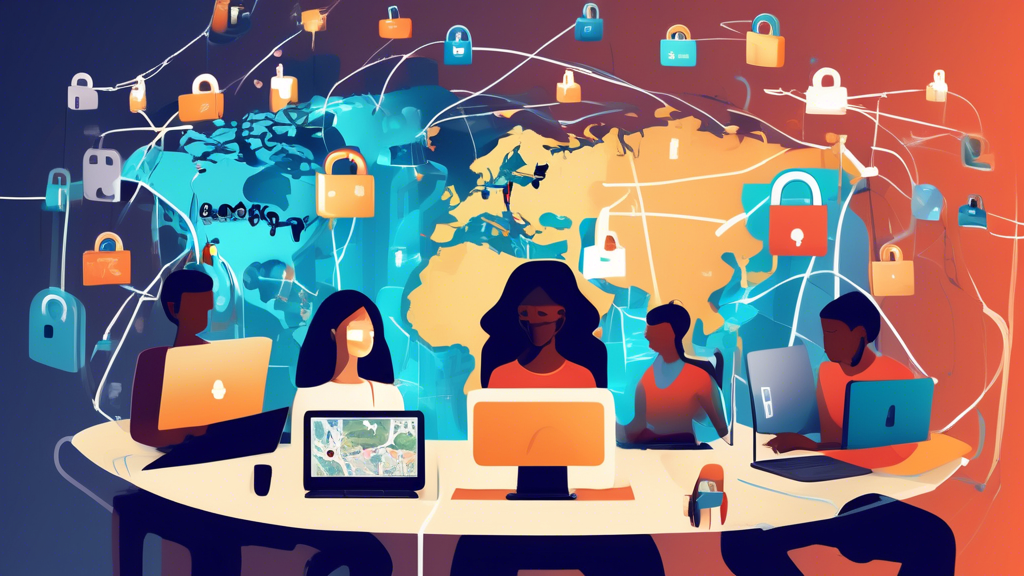 Create an image that shows a diverse group of people sitting at computers and using different devices, as they engage with a digital world represented by floating padlocks and global maps. These padlocks are being unlocked, symbolizing the concept of bypassing online restrictions safely. Incorporate visual elements that suggest privacy and security, such as digital shields and locks morphing into open, unlocked states. Include visual hints of legal and ethical symbols, like a balanced scale, to represent responsible usage. The setting should be bright and tech-savvy, conveying a sense of empowerment and freedom in navigating the internet.