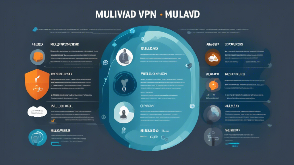 Create an informative infographic comparing Mullvad VPN to other VPN services on the market. Highlight key features such as no-log policy, encryption standards, compatibility, and price plans. Include visual elements like charts and icons to represent different user profiles and their specific needs for online privacy. Use a color palette that reflects tech themes, such as blues and grays, and incorporate the Mullvad VPN logo prominently.
