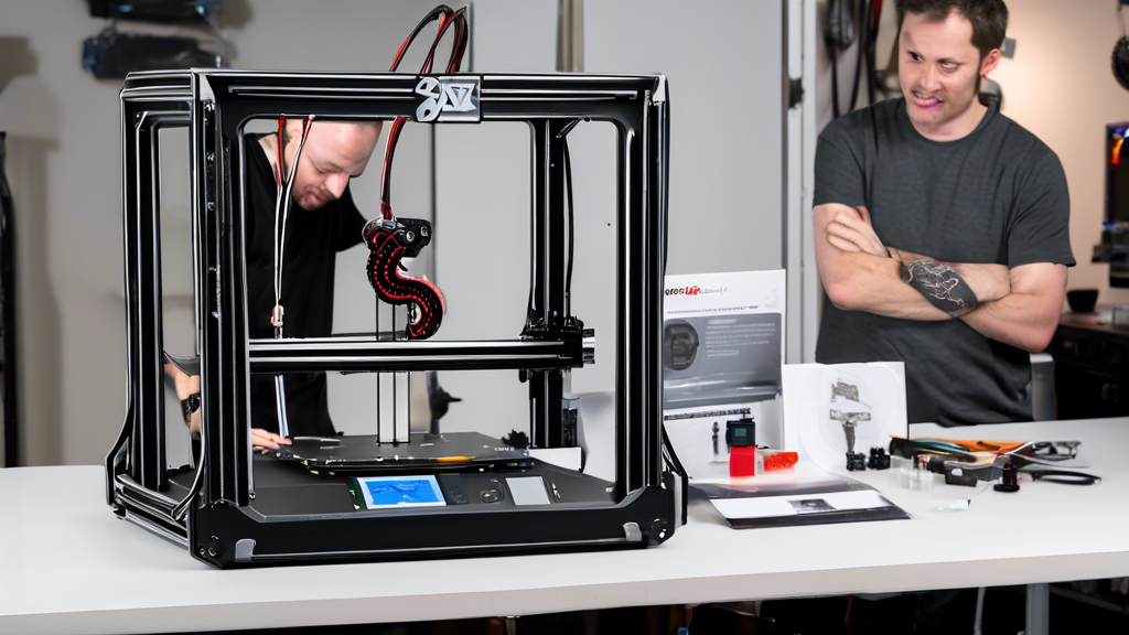 Create an image depicting the detailed process of setting up an Artillery Sidewinder X2 3D printer in a workshop environment. The scene should include a step-by-step visual guide, showcasing key installation stages and components involved, such as assembling the printer frame, connecting wires, and calibrating the build plate. Include detailed visual representations of the necessary software and drivers displayed on a nearby computer screen. Highlight a person following these instructions, emphasizing ease of setup for both beginners and advanced users. The setting should reflect a clean, organized workspace with tools and 3D printer materials in the background.