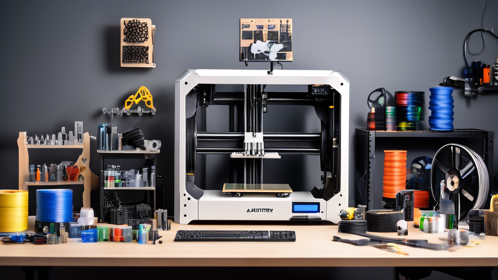 Create an image of a workspace dedicated to 3D printing, featuring the Artillery Sidewinder X2 3D printer. The scene showcases various tools and accessories for maintaining and optimizing the printer. Include visual elements like a neatly organized set of calibration tools, nozzle cleaning kits, and modification components. Illustrate a step-by-step guide poster on the wall depicting regular maintenance tasks, such as nozzle cleaning and calibration. The environment is well-lit to emphasize precision and attention to detail, conveying a sense of innovation and craftsmanship, ideally suited for enthusiasts and professionals focused on enhancing 3D printing performance.