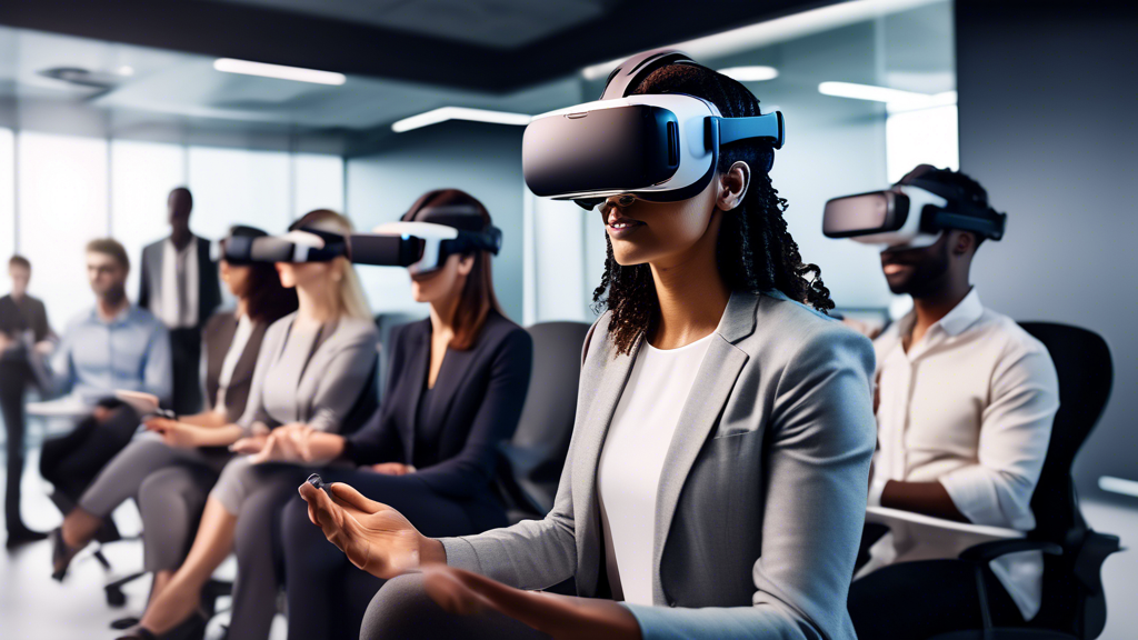 Create an image depicting a modern business training session where employees are using VR headsets for immersive learning. Focus on a diverse group of office employees, each wearing a sleek VR headset, engaged in different training scenarios such as simulations, onboarding activities, and skill enhancement modules. Capture the futuristic ambiance of the workspace, highlighting elements like virtual training environments projected around the room and interactive digital interfaces. Emphasize the futuristic yet practical design of the office space that supports VR technology, showcasing the seamless blend of virtual and real-world elements in a professional setting.
