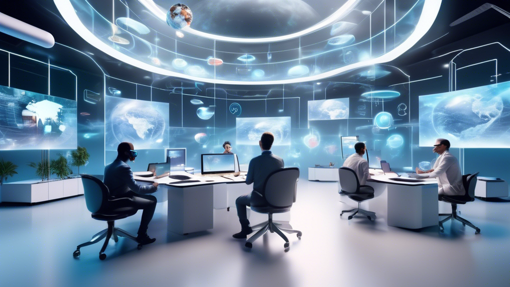 Create an image of a futuristic office environment where employees are using advanced VR headsets to engage in various activities. The scene highlights a blend of physical and virtual elements, showcasing employees working remotely around the globe, attending immersive meetings, and collaborating on digital whiteboards. Include holographic displays of business metrics floating in the air and avatars interacting within the virtual space. Display a modern and sleek design aesthetic, emphasizing the seamless integration of VR technology into everyday business operations, with a focus on innovation, connectivity, and the adaptability of a future-ready workspace.