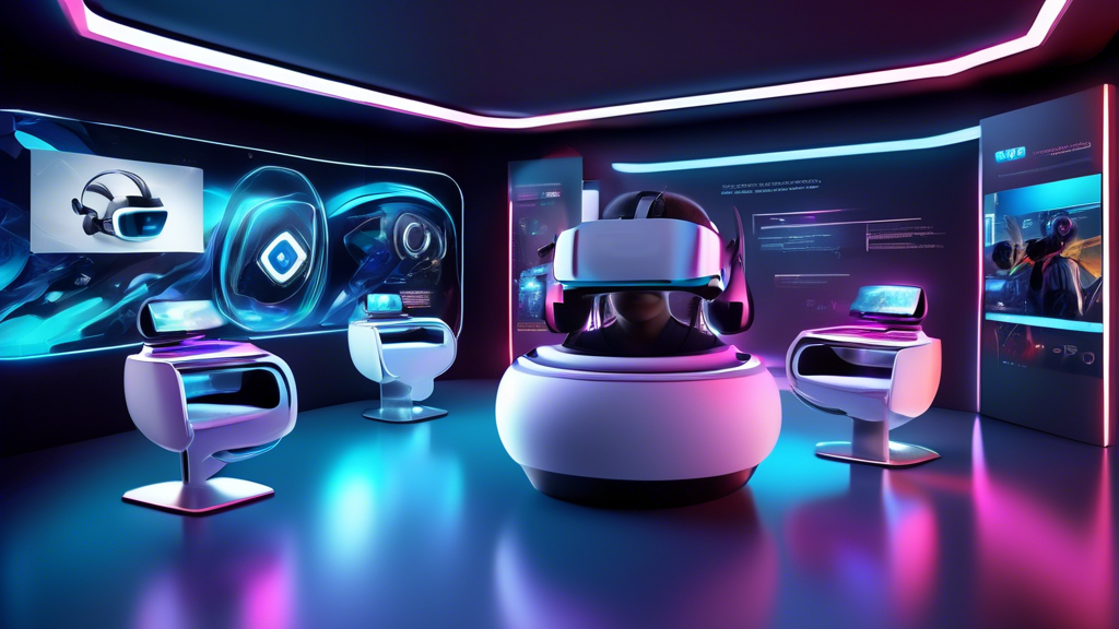 Create an image depicting a vibrant and futuristic tech showroom featuring the top adult VR headsets of 2023. Arrange the devices on sleek, modern stands with digital information panels showcasing each headset’s unique features and pricing. Include detailed descriptions with ratings and user feedback displayed on holographic screens nearby. The scene should convey a sense of cutting-edge technology and innovation, highlighting the varied designs and color schemes of the headsets. Include a diverse group of adults engaging with the devices, offering a glimpse into their immersive experiences and interactions with this advanced technology.