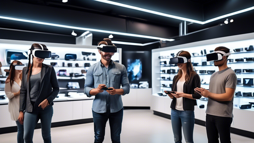 Create an image of a diverse group of adult users in a modern, high-tech electronics store, engaging with various VR headsets. The store features sleek display stands and interactive screens showcasing compatibility with different devices. Highlight the attentive expressions of the users as they explore VR features, prices, and privacy options displayed in digital interfaces. Capture the moment of decision-making, where customers consider headset quality, cost, and user experience in their purchasing journey towards finding the best adult VR headset in 2023.