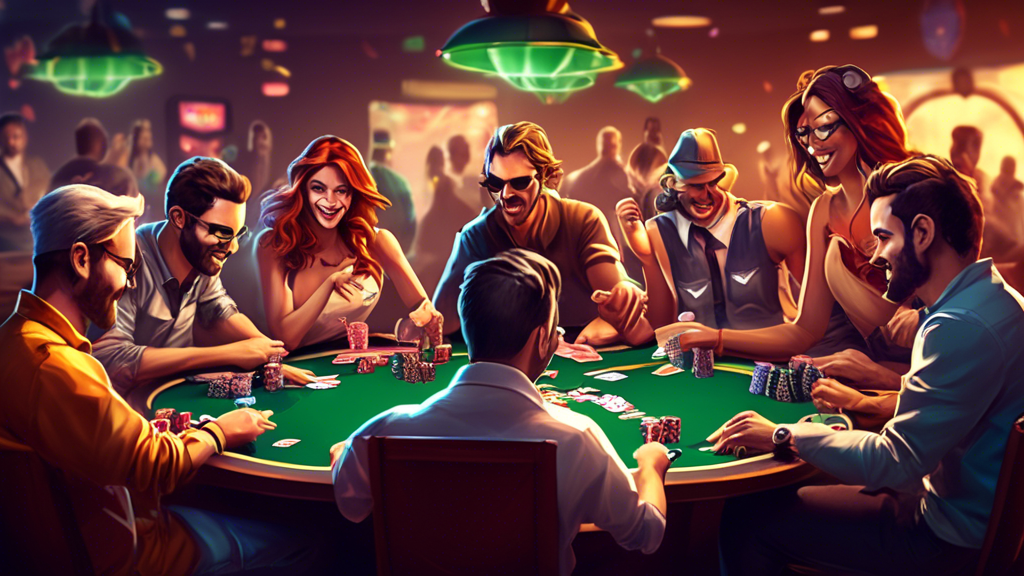 Create an image of a vibrant online poker game scene, featuring a diverse group of players gathered around virtual poker tables, engaged in gameplay on their laptops and mobile devices. Showcase elements that depict the excitement of free poker games, such as chips, cards, and animated graphics. Include a chat function on the screen where players are interacting and building a social network, highlighting a friendly and inclusive atmosphere. The background should reflect a digital environment, symbolizing the accessibility of playing anytime, anywhere.