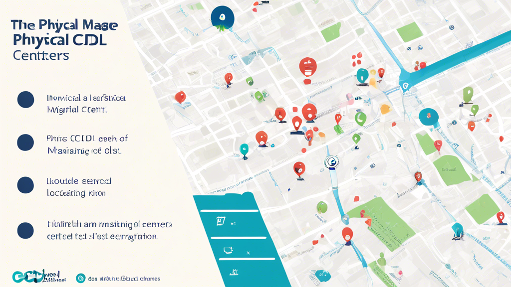 Create an image showcasing a map dotted with pins representing various CDL physical test centers in a city. Include subtle visual elements like search bars with the text CDL physical test near me and magnifying glasses to emphasize the process of locating a nearby test center. The map should also feature icons of certified test centers, each marked with a tiny DOT-approved symbol to highlight their authenticity. The overall design should be inviting and informative, providing a sense of ease in finding a test location.