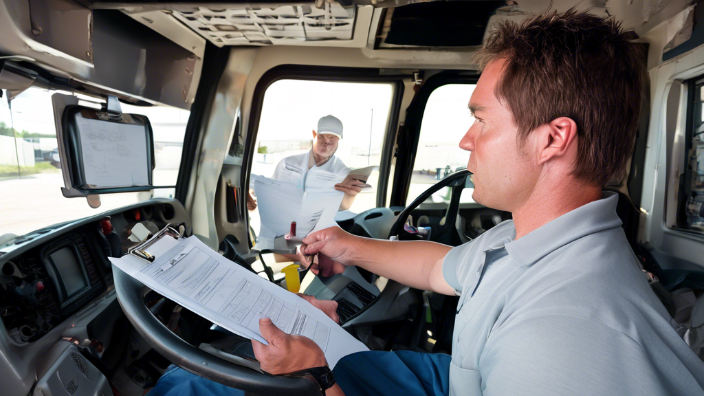 Create an illustrative image depicting a commercial truck driver preparing for a CDL physical test appointment. The scene should be set in a clean, organized room where the driver is assembling essential documents like medical records and identification. Illustrate the driver looking at a checklist of items to bring, such as vision test results and a list of medications. Include elements that suggest the setting of a medical facility, such as a stethoscope, blood pressure monitor, and a CDL Physical Test sign visible in the background. Emphasize a sense of readiness and preparedness, capturing the anticipation of completing a necessary step for their driving career.