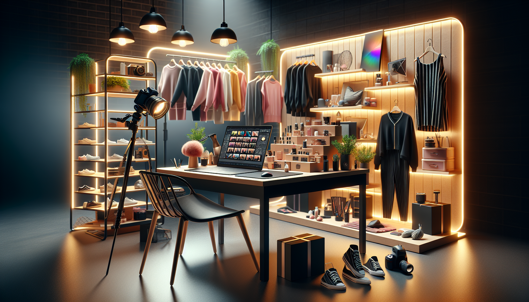 **DALL-E Prompt:** Create an image depicting a beautifully styled product photography setup. The scene should include a well-lit table showcasing various products arranged aesthetically, with thoughtfully chosen backgrounds and props enhancing the visual appeal. Incorporate elements that suggest post-processing, like a laptop displaying photo editing software and a before-and-after comparison of a product image. The atmosphere should convey creativity and professionalism, reflecting the art of captivating product photography.