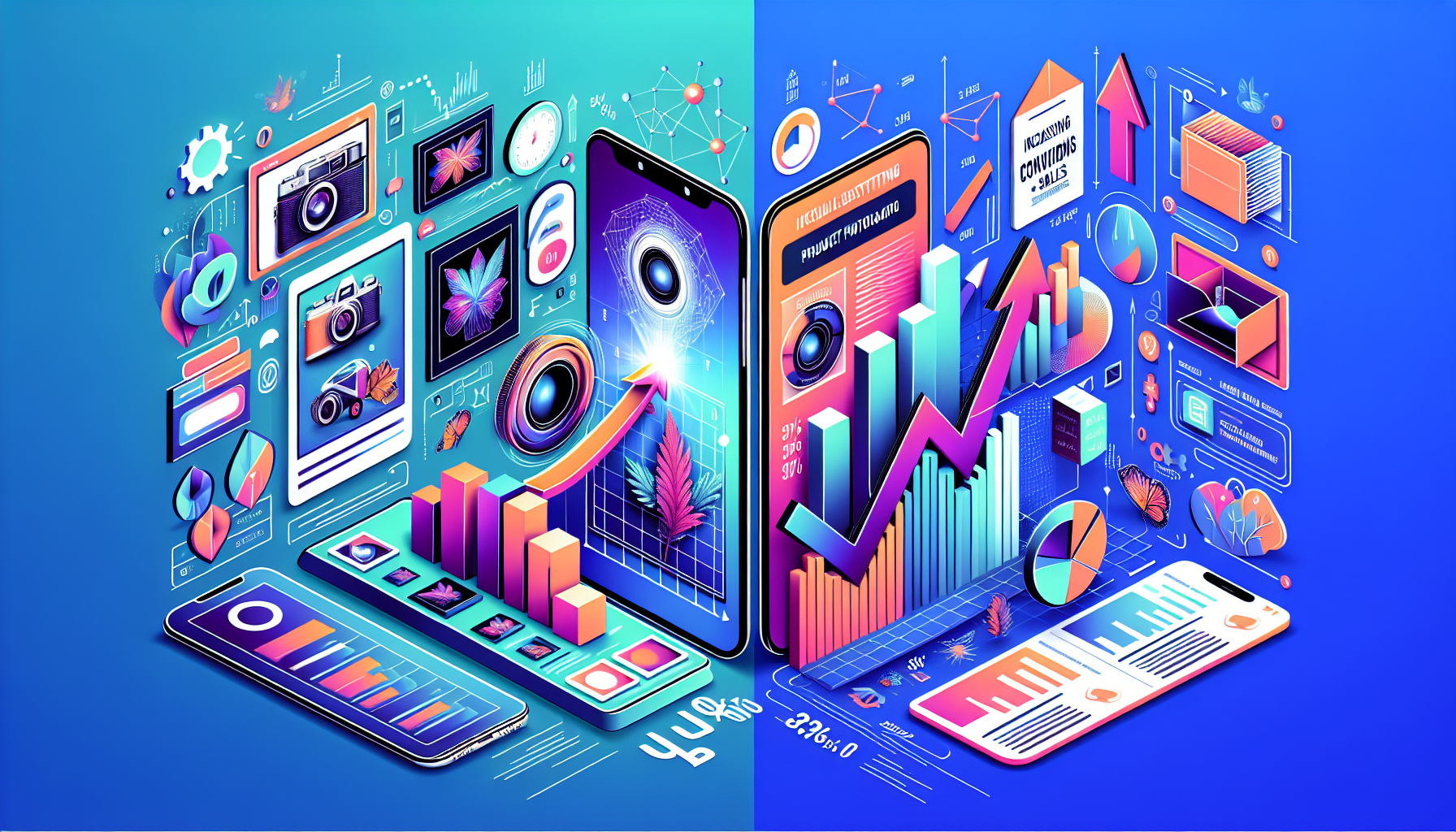 Create an engaging and informative illustration that showcases the best practices for leveraging product photography in marketing. Include a split scene featuring an e-commerce platform with high-quality product images displayed prominently, alongside a social media feed that highlights attention-grabbing visuals of products. Incorporate elements that represent metrics such as increased conversions and sales, like graphs or upward arrows. Use a modern and vibrant design style to reflect the importance of stunning visuals in driving marketing success.