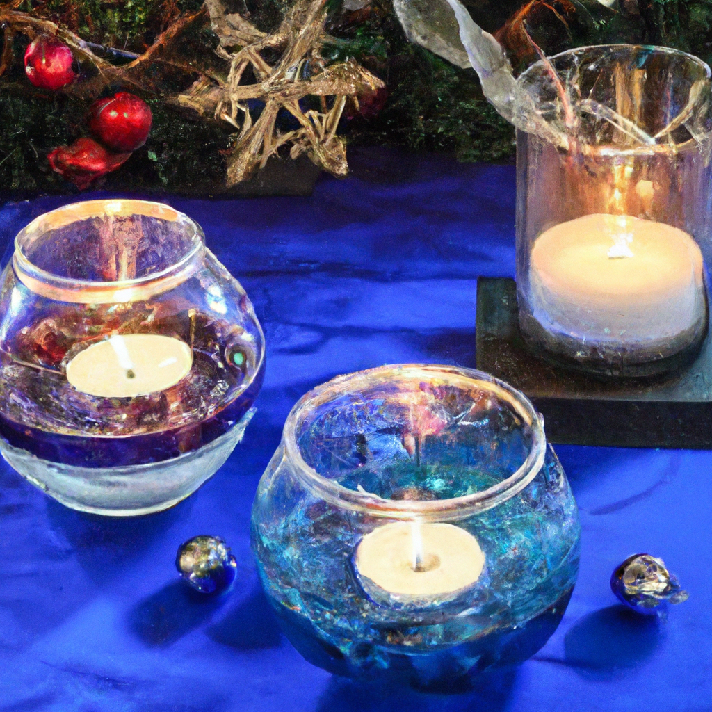 Prompt: Create a mesmerizing image of a step-by-step setup for crafting a stunning Christmas floating candle display. The visual should include a beautifully decorated table setting with an array of elegant glass bowls and vases filled with water. Each container features unique combinations of floating candles surrounded by festive elements like vibrant holly, rustic pine cones, and sparkling ornaments. The scene is illuminated by the warm glow of the candles, creating an enchanting holiday atmosphere. Include visual cues for safety measures, such as well-placed fireproof pads and ample spacing between decorations, to ensure a safe and magical display.