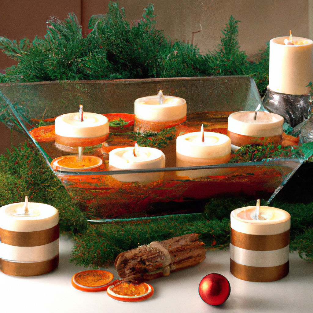 Create an enchanting image that showcases the benefits of using Christmas floating candles for sustainable holiday decorating. The scene features a beautifully arranged table with a centerpiece of floating candles in a clear, shallow bowl of water. Around the bowl, natural materials like pine branches, dried orange slices, and cinnamon sticks add a festive yet eco-friendly touch. The candles emit a warm, inviting glow, reflecting the sustainable ethos of the holidays. In the background, soft twinkling lights enhance the atmosphere, emphasizing the theme of reusability and eco-conscious celebration.