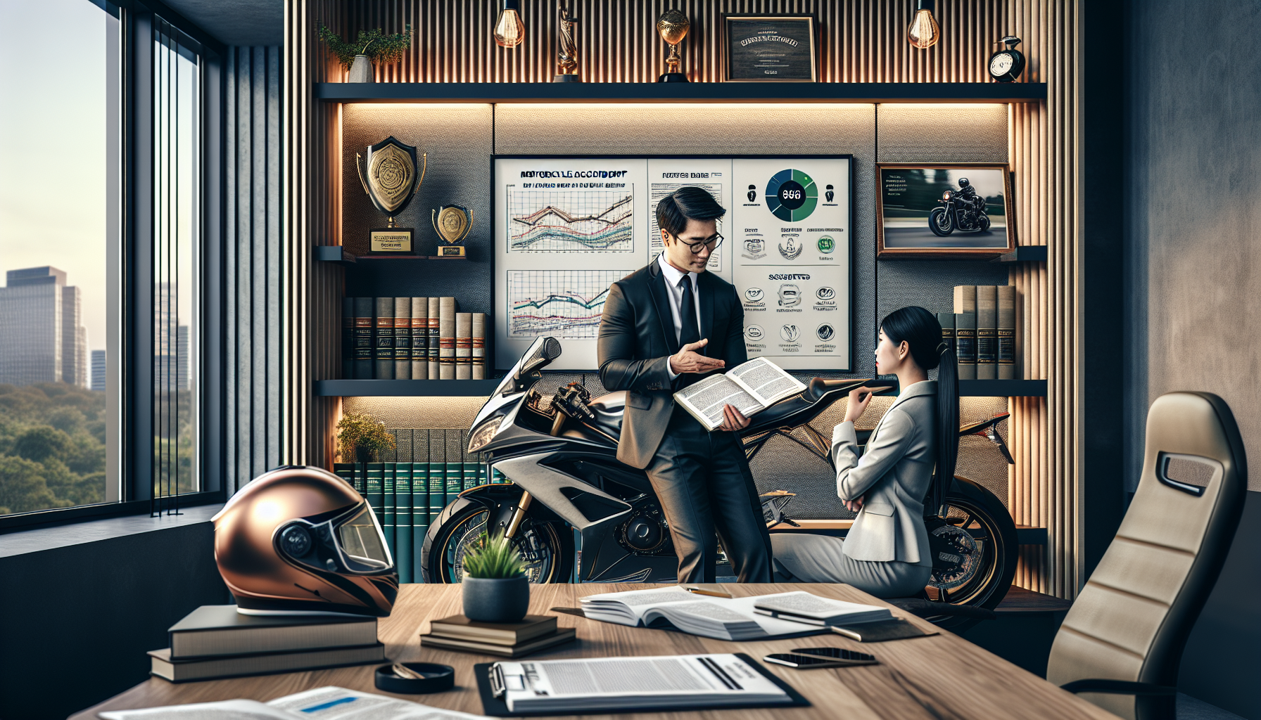 An image of a professional meeting between a motorcycle accident victim and a seasoned lawyer in a modern law office. The lawyer, an expert in motorcycle law, is showing a chart with traffic laws and success rates on a digital tablet, emphasizing his specialization and experience. Nearby, a bookshelf displays legal texts and helmets, symbolizing his focus on motorcycle cases. The room reflects a structured and trustworthy environment, with accolades and certificates visibly displayed, conveying confidence to the client inspecting testimonials on his phone.