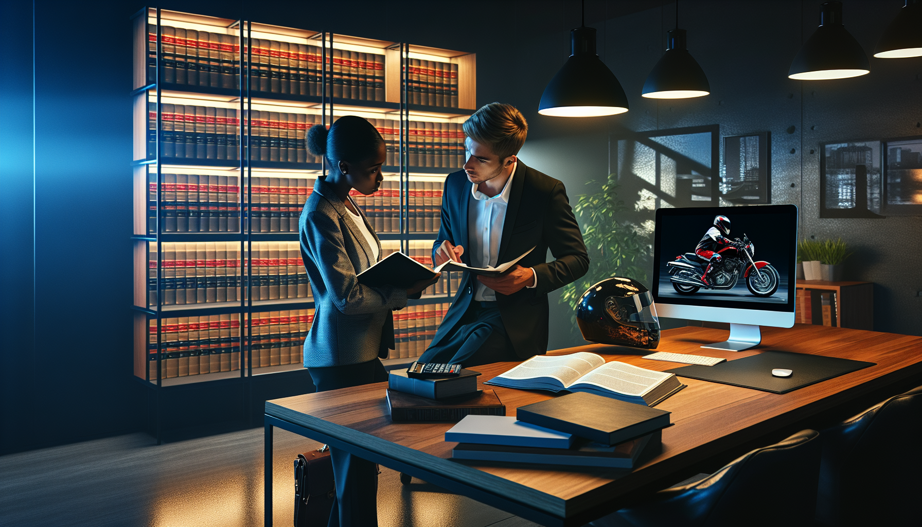 Prompt: Illustrate a focused scene at a modern, well-lit law office, where a motorcycle accident victim is actively engaging in a consultation with a highly experienced accident lawyer. The lawyer should be depicted showing documents and explaining fee structures, including several types of contingency fees. The setting should include legal books, a desktop computer showing an online lawyer directory, and visible brochures about motorcycle law. The environment should convey professionalism and trust, aimed at helping visitors understand the steps to finding the right motorcycle accident lawyer.