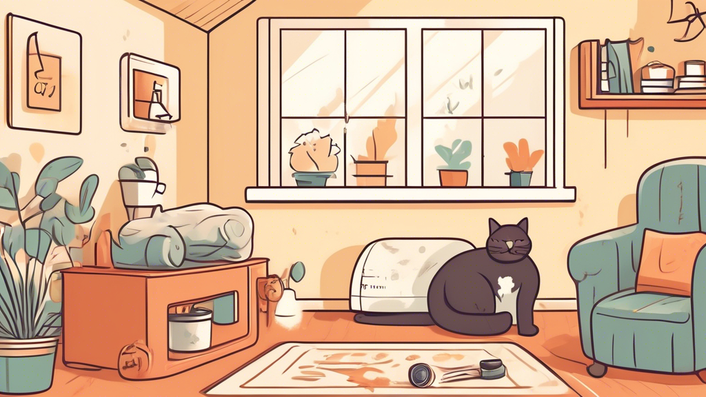 Create an informative and engaging illustration showing a male cat in a cozy home environment, looking content and relaxed next to a litter box. Include visual elements representing effective tips such as a spray bottle labeled 