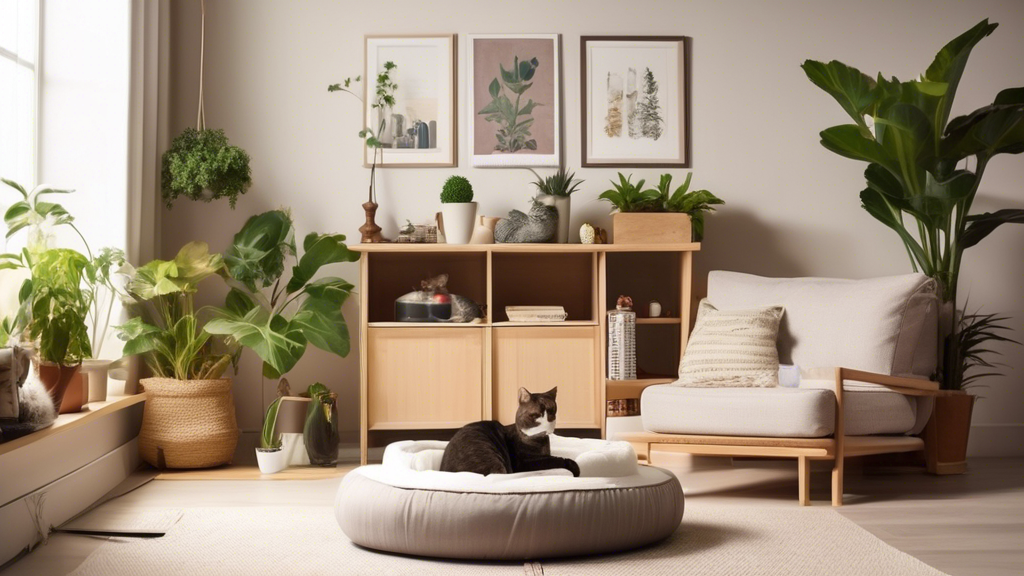 **DALL-E Prompt:** A cozy and serene living room setup designed for a male cat, featuring a comfortable cat bed, calming decorations, and plants, with a subtle emphasis on a neutering certificate on the wall. Include a variety of anti-spraying products, such as sprays and diffusers, neatly arranged on a shelf. The atmosphere should feel peaceful and inviting, showcasing a cat happily lounging without any signs of spraying issues. Soft lighting and warm colors should enhance the calming environment.