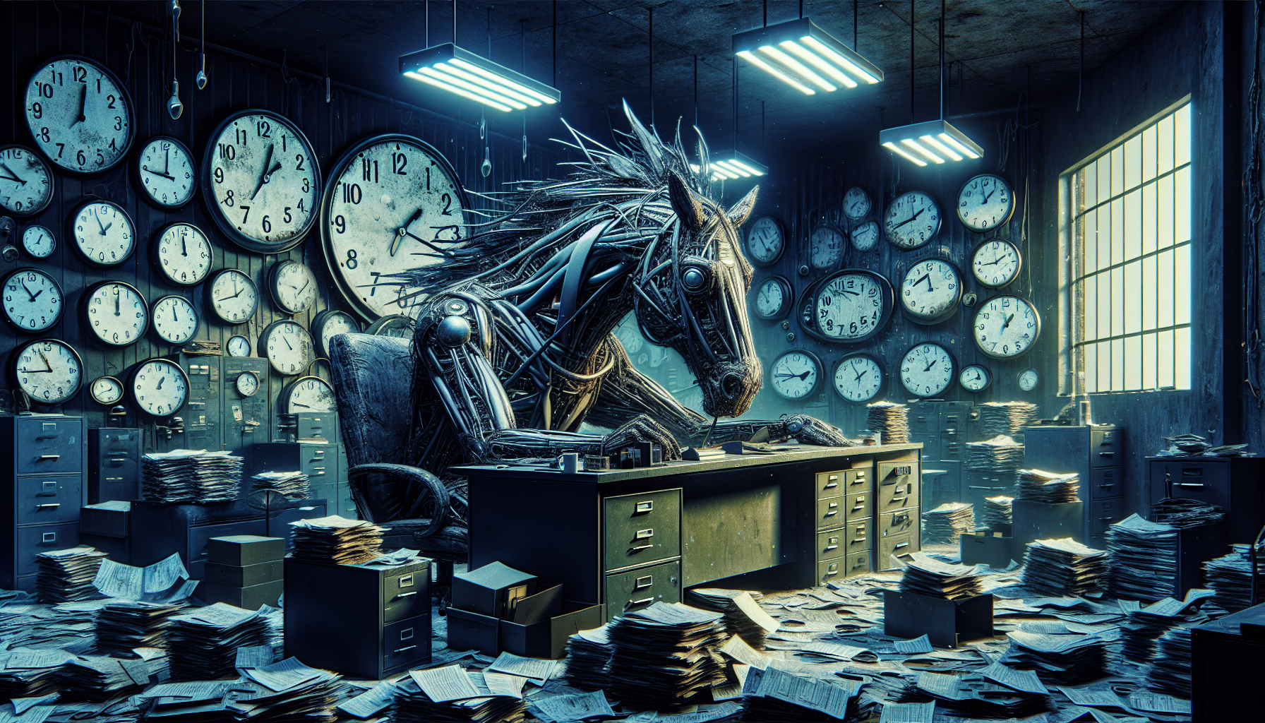 A dark surrealistic office space with a giant, weary metallic horse sitting behind a massive desk piled with paperwork, under dim, flickering lights, surrounded by clocks showing different time zones.