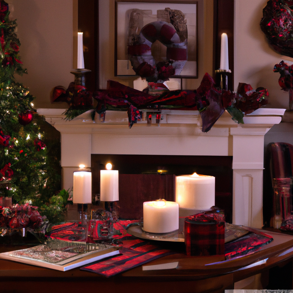 Create an image that captures a warm, festive living room setting, showcasing a strategic arrangement of luxury Christmas candles. The room should feature a grand, decorated Christmas tree, a cozy fireplace, and elegant wreaths. The focal point is the variety of luxury candles, artfully positioned on the mantelpiece, coffee table, and window sill. Include details like flickering candle flames casting a gentle glow on surrounding holiday decorations, such as garlands and sparkling ornaments, to emphasize an inviting and sophisticated atmosphere. Ensure the candles are of varying heights and styles, complementing the opulent decor.