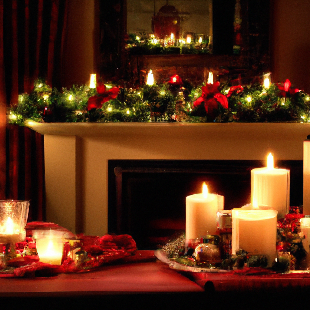 Create an image of a cozy, elegant living room setting during the holiday season, showcasing luxury Christmas candles on a beautifully decorated mantel. The room is softly lit by the flickering candlelight, casting warm, inviting shadows. Highlight the luxury candles with refined details such as brand logos or unique designs. Include elements like plush throw blankets, a tastefully decorated Christmas tree, and garlands to emphasize the holiday ambiance. Illustrated instructions are subtly included, demonstrating proper candle burning techniques and essential safety tips, ensuring the candles