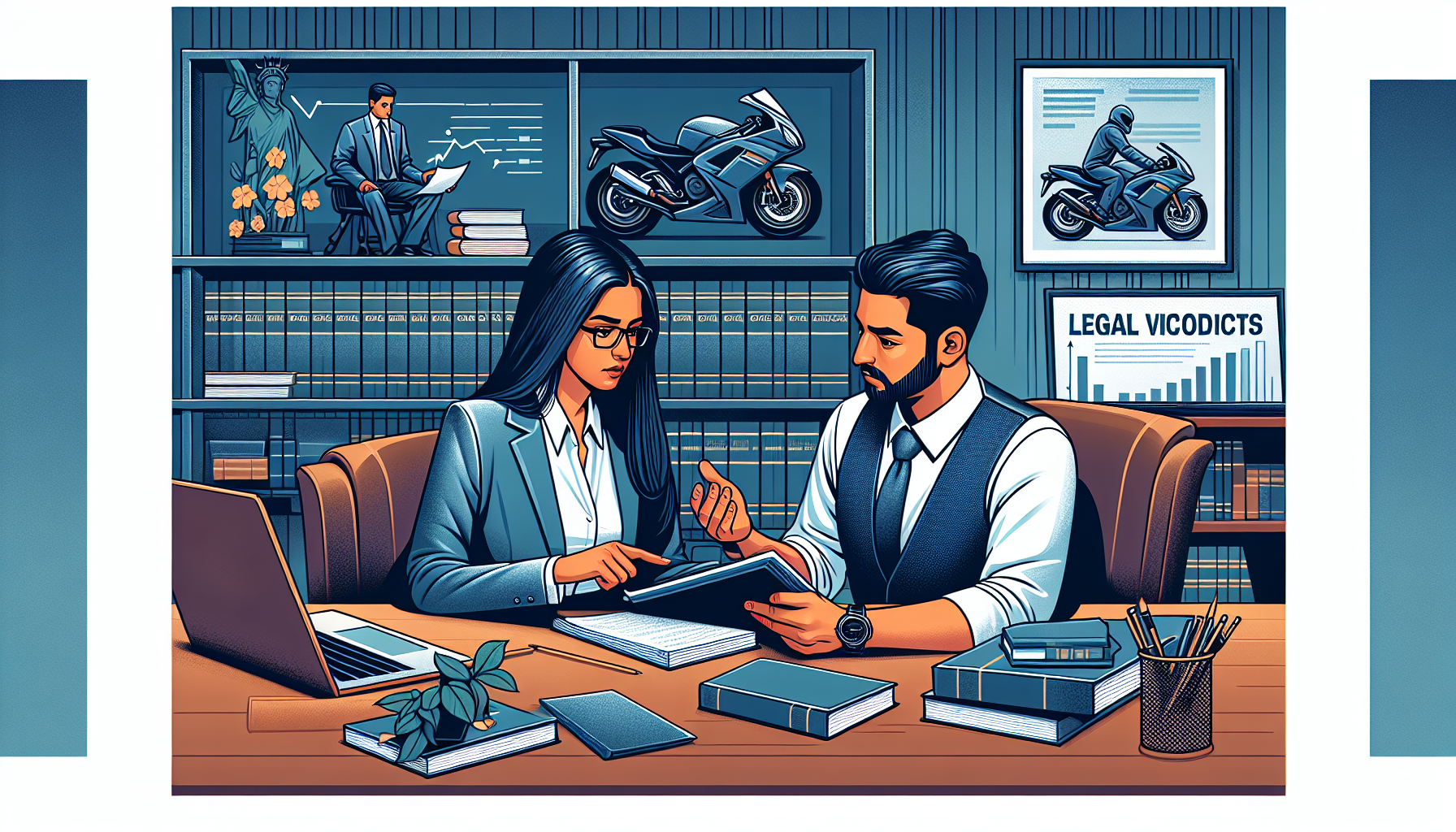 An experienced motorcycle accident attorney in a mid-discussion with a client in a modern office, surrounded by legal books and a laptop showing charts of past case successes. The attorney is explaining a document to the client, illustrating clear communication and comfort, emphasizing the key criteria for choosing a top motorcycle accident attorney.