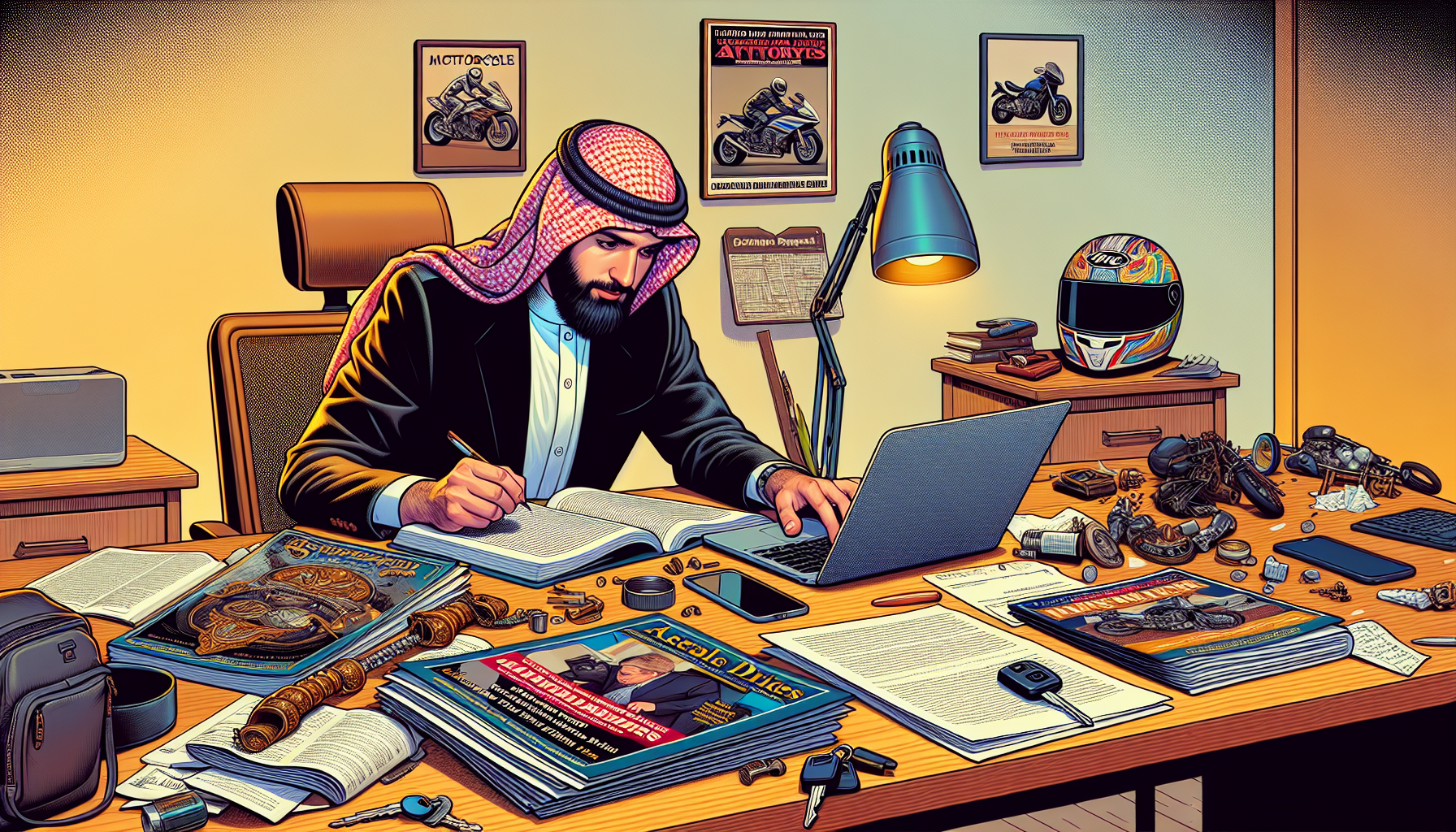 DALL-E, create an image of a person browsing legal directories on a laptop in a cozy home office setting. On the desk, there are motorcycle magazines and legal papers scattered around. The person looks focused and is making notes, using a smartphone to schedule consultations with top motorcycle accident attorneys. There should be visible traces of a motorcycle helmet and keys on the desk, adding to the theme.