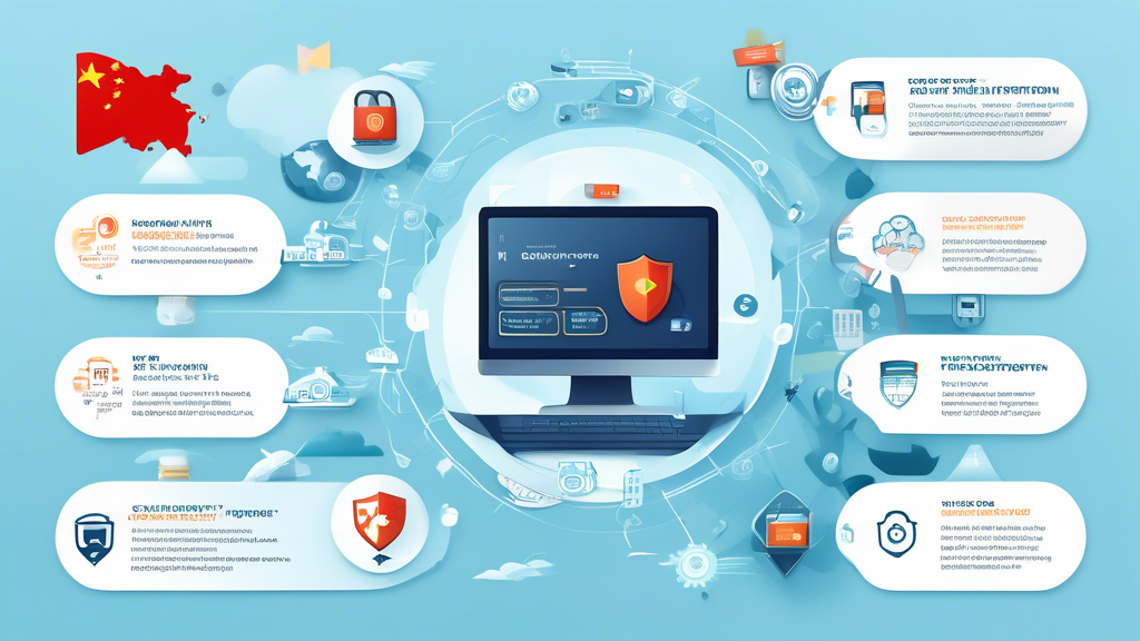 Create a visually engaging infographic highlighting the top features to look for in a VPN for PC in China. Include icons and illustrations representing robust encryption, high-speed performance, and reliable customer support. Use a clean and modern design with a color palette that reflects technology and security. Incorporate text elements to emphasize key points, such as 