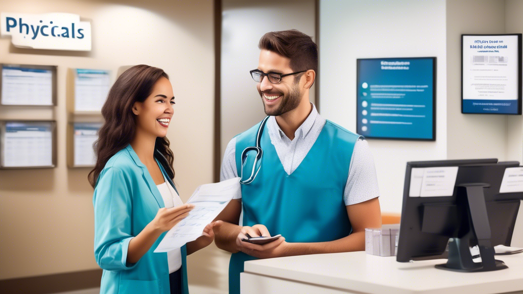 Create an image depicting a patient standing inside an urgent care center reception area, engaged in a conversation with a friendly receptionist. The setting includes visible signage promoting discounts or a package deal for DOT physicals. The patient looks pleased as they hold a checklist with tips on reducing out-of-pocket costs – such as calling ahead for prices, asking about specials, leveraging insurance, and preparing for the exam. The overall atmosphere is welcoming and informative, conveying a sense of empowerment and resourcefulness in managing healthcare expenses.