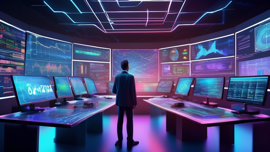 Create a digital artwork depicting a futuristic trading desk filled with holographic screens. Each screen displays intricate charts, technical indicators, and blockchain data visualizations, highlighting advanced strategies used in leverage trading crypto. In the center, a focused trader is analyzing data, using a digital stylus to interact with the holograms. Around them, subtle hints of cryptocurrency symbols like Bitcoin and Ethereum float in an ethereal atmosphere. The scene should convey an atmosphere of high-tech financial analysis and strategic decision-making in the volatile world of cryptocurrency trading.