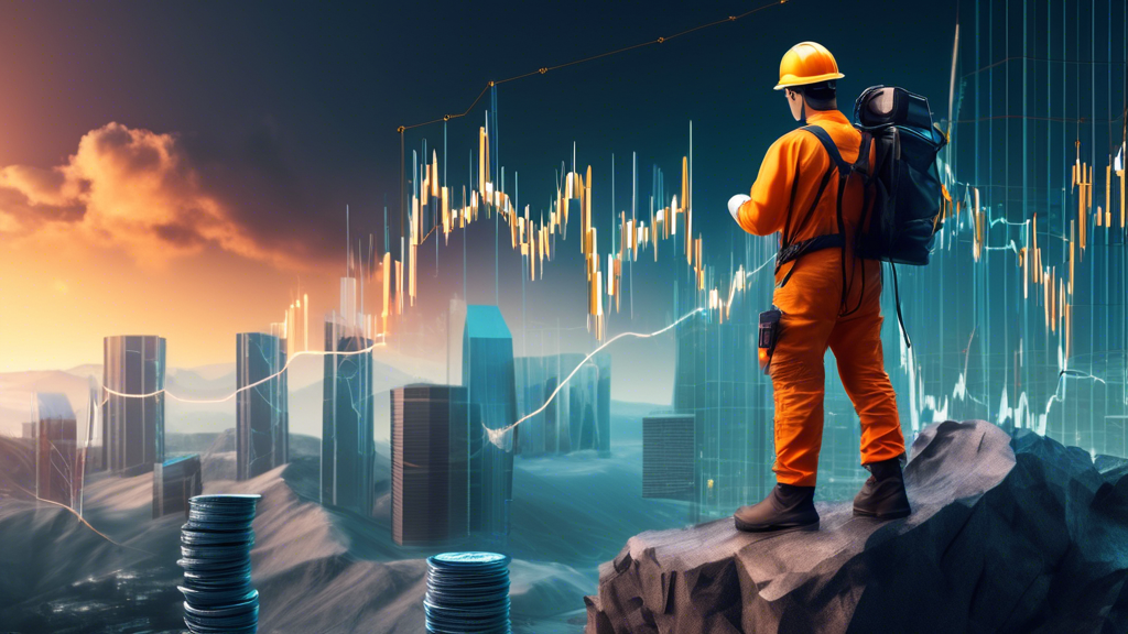 Create an image that illustrates the risks associated with leverage trading in cryptocurrencies and ways to mitigate them. The scene should depict a dramatic landscape with towering graphs and numbers symbolizing the volatile nature of the crypto market, juxtaposed against a tiny crypto trader standing on a precarious-looking platform. The trader is equipped with safety gear - a hard hat and harness, symbolizing risk management strategies. Surrounding them are floating icons representing liquidation risks, common trading errors (such as a broken calculator), and safety measures like shields and lifelines. The overall tone of the image should evoke a sense of caution and preparedness in navigating the risky terrain of leverage trading in the crypto world.