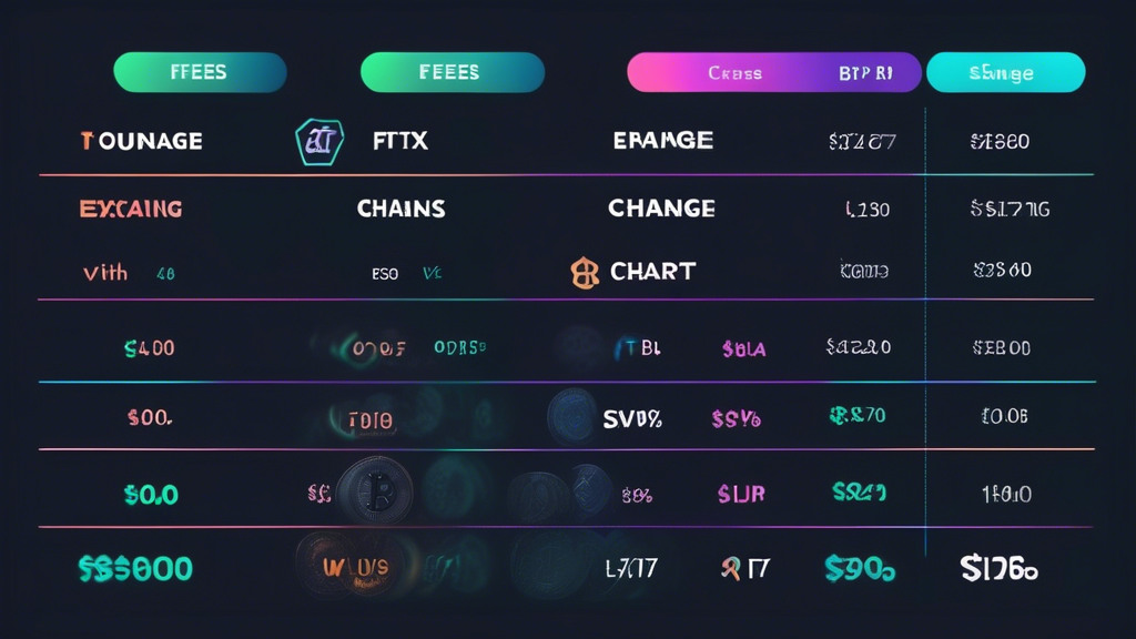 Create an image depicting a side-by-side comparison chart of fees from various cryptocurrency exchange platforms, with FTX prominently featured in the center. The chart should visually highlight the differences in trading fees, withdrawal fees, and other charges across exchanges like Binance, Coinbase, and Kraken. Include visual elements like coins, graphs, and icons representing cost or savings, emphasizing FTX