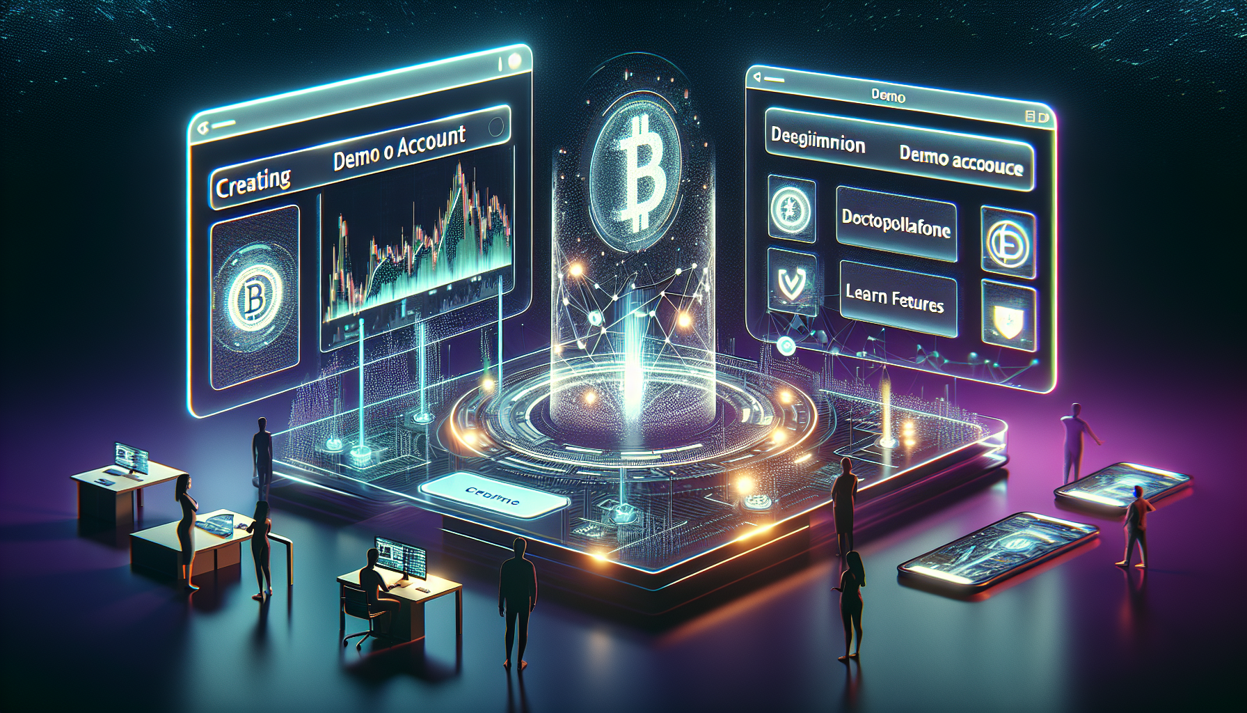 Create an image depicting a futuristic digital workspace with a step-by-step digital interface guiding a user through setting up a demo account for crypto trading. The scene represents a sleek, user-friendly platform with holographic displays showcasing various cryptocurrencies and trading graphs. The workspace is vibrant and inviting, with floating text boxes highlighting tips for choosing the right platform and features to look for, as well as step-by-step instructions. The atmosphere embodies innovation and ease of learning, symbolizing a new trader