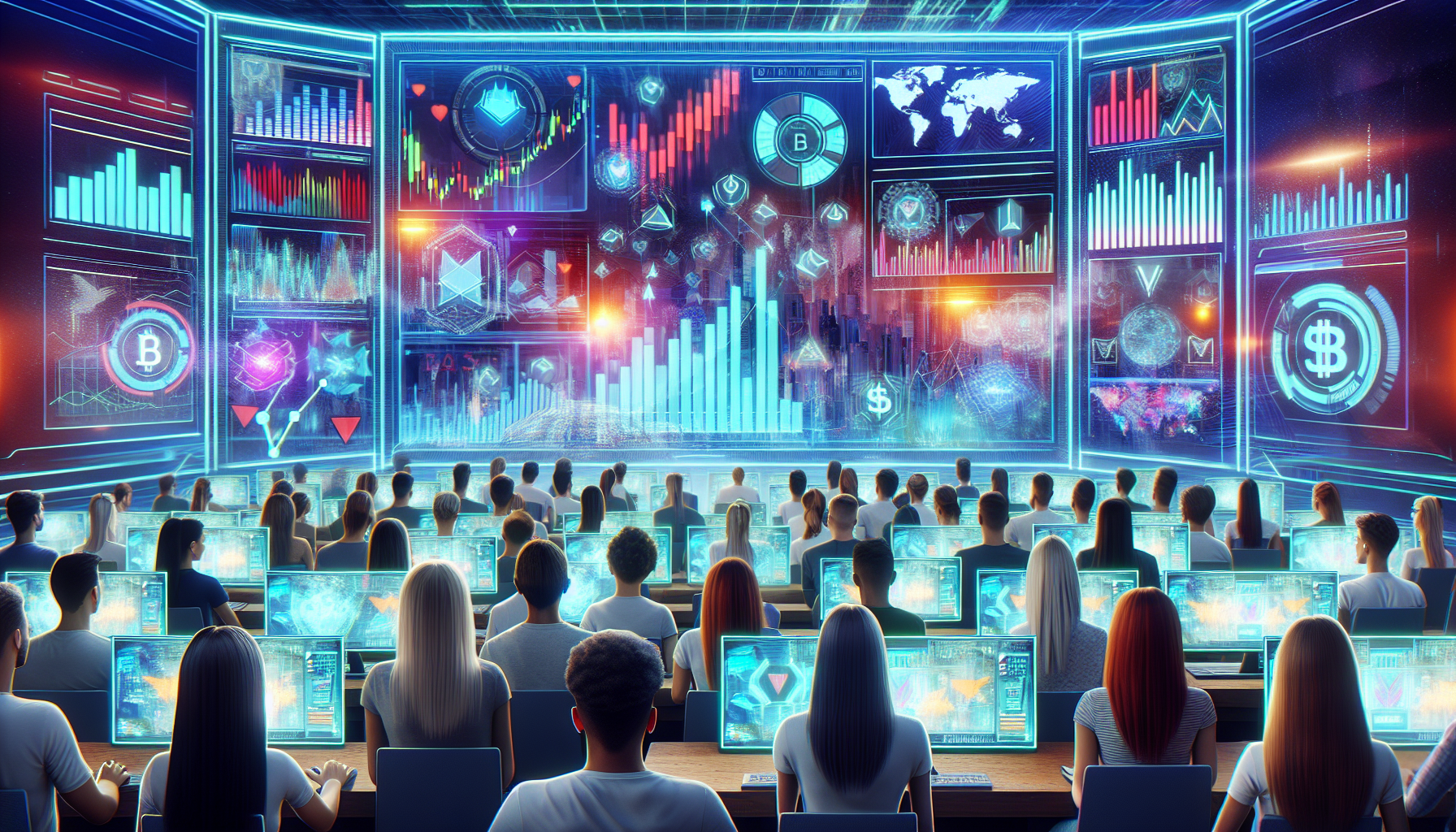 Create an image depicting a futuristic, digital classroom where diverse students are engaging with holographic screens displaying various cryptocurrency markets and trading simulations. The setting should emphasize a sense of learning and practice, with virtual trading tools and graphs coming to life. In the background, motivational posters featuring phrases like 