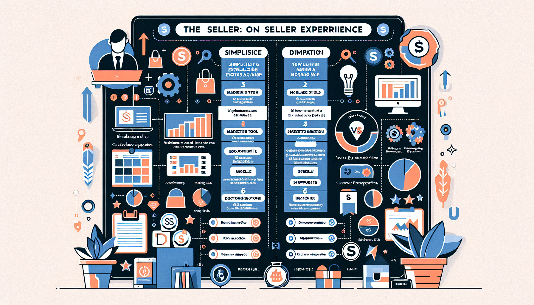 An informative and visually appealing graphic comparing the seller experience on Shopify versus Etsy. Include elements that highlight the ease of setting up a store, marketing tools, SEO capabilities, and the quality of customer support for each platform. Use engaging icons, stats, and color schemes to differentiate between the pros and cons of Shopify and Etsy, and create a clean, balanced layout that makes it easy to understand the key differences in seller experience.