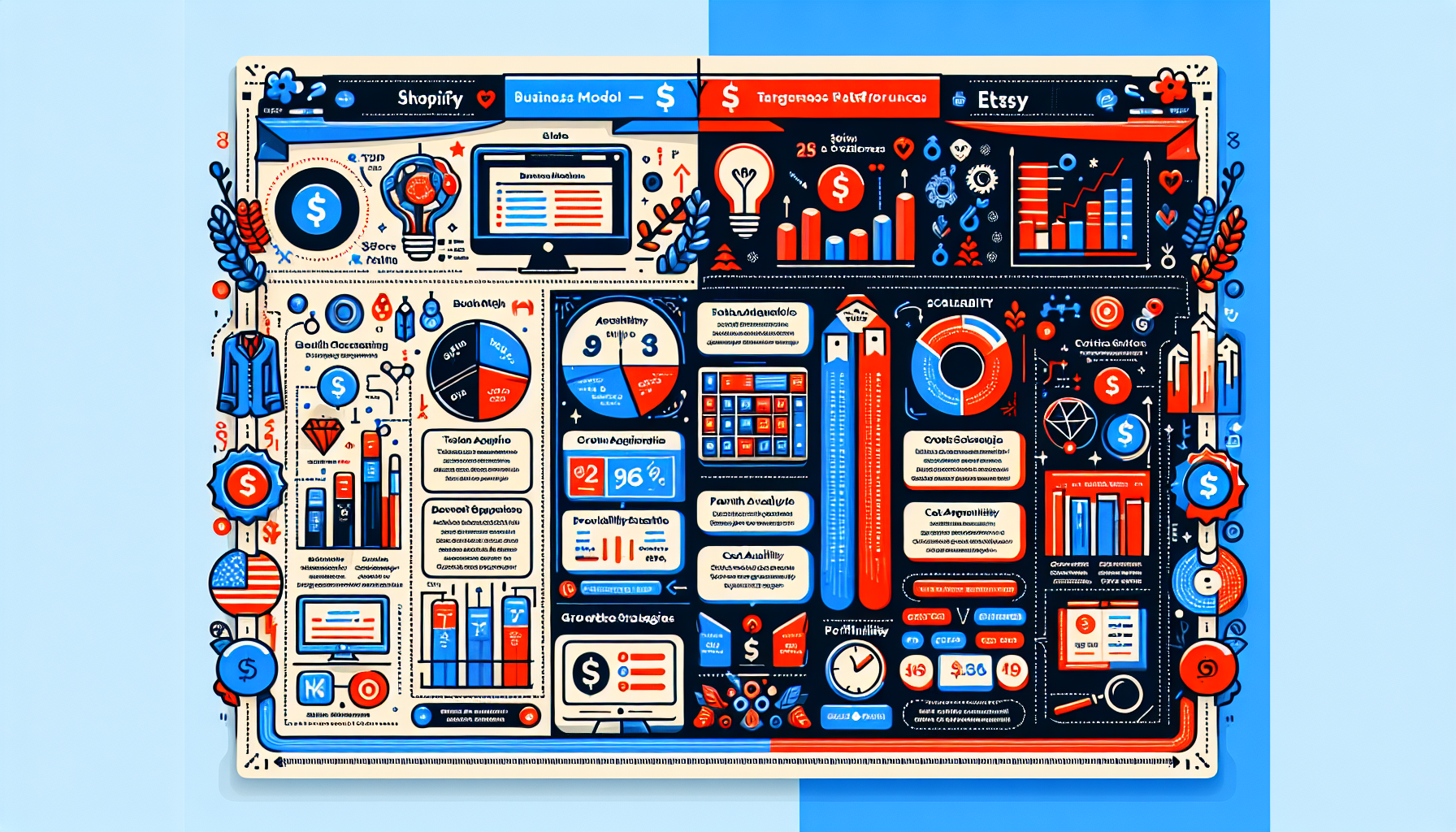 Create an informative and visually engaging infographic comparing Shopify and Etsy for online businesses. Include sections that highlight key factors to consider when choosing a platform, such as identifying business models, target audiences, growth strategies, scalability options, and a cost breakdown for profitability analysis. Use a balanced layout with side-by-side comparisons, distinct color schemes for Shopify (blue) and Etsy (red), and icons representing each aspect such as a graph for growth strategies, a magnifying glass for market analysis, and a calculator for cost evaluation.