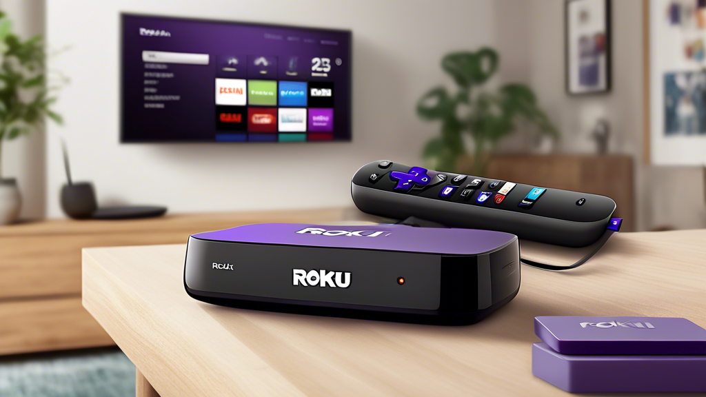 Create an image illustrating the straightforward installation and setup process of the Roku Express streaming player. The scene shows a friendly and modern living room setting. In the foreground, there